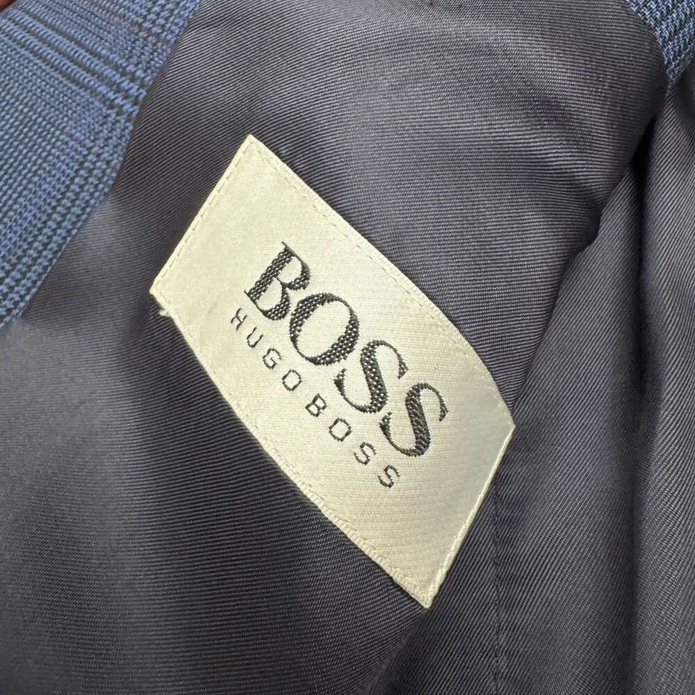 Vintage 80s Boss Hugo Boss Corleone Wool Suit Blazer Jacket Mens 38S Blue Plaid